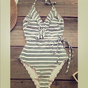 Green/White striped one piece swimsuit